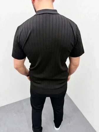 USLUCAN ALIŞVERİŞ Erkek Yazlık Triko Saç Örgü Tişört Kısa Kol Polo Yaka Fermuarlı T-Shirt - Siyah