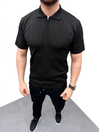 Erkek Yazlık Triko Saç Örgü Tişört Kısa Kol Polo Yaka Fermuarlı T-Shirt - Siyah