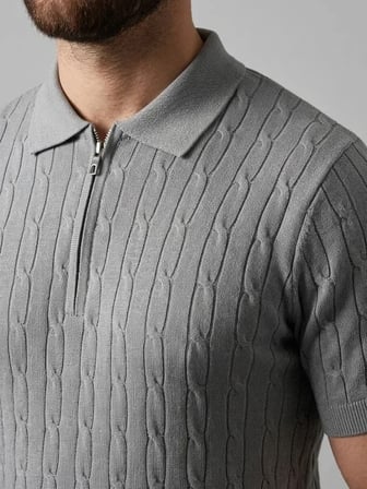 USLUCAN ALIŞVERİŞ Erkek Yazlık Triko Saç Örgü Tişört Kısa Kol Polo Yaka Fermuarlı T-Shirt - Gri