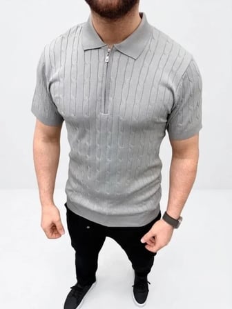 USLUCAN ALIŞVERİŞ Erkek Yazlık Triko Saç Örgü Tişört Kısa Kol Polo Yaka Fermuarlı T-Shirt - Gri