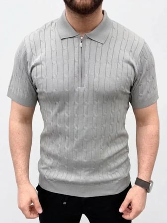 USLUCAN ALIŞVERİŞ Erkek Yazlık Triko Saç Örgü Tişört Kısa Kol Polo Yaka Fermuarlı T-Shirt - Gri