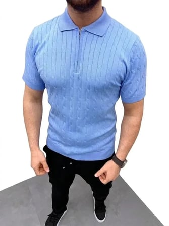 USLUCAN ALIŞVERİŞ Erkek Yazlık Triko Saç Örgü Tişört Kısa Kol Polo Yaka Fermuarlı T-Shirt - Bebe Mavisi