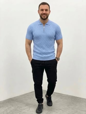 USLUCAN ALIŞVERİŞ Erkek Yazlık Triko Saç Örgü Tişört Kısa Kol Polo Yaka Fermuarlı T-Shirt - Bebe Mavisi