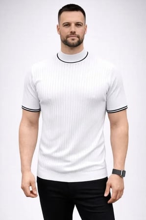 USLUCAN ALIŞVERİŞ Erkek Fitilli Triko Dokuma Kısa Kol Tişört Yarım Boğaz Modern Yazlık T-Shirt - Beyaz