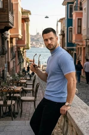 Erkek Fitilli Triko Dokuma Kısa Kol Tişört Yarım Boğaz Modern Yazlık T-Shirt - Bebe Mavisi