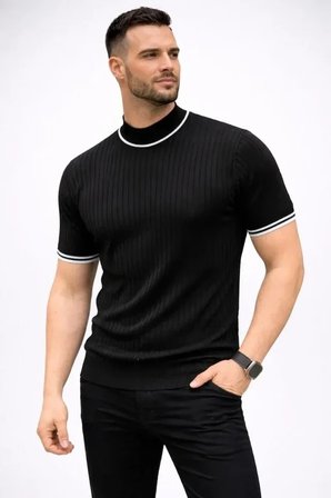 USLUCAN ALIŞVERİŞ Erkek Fitilli Triko Dokuma Kısa Kol Tişört Yarım Boğaz Modern Yazlık T-Shirt - Siyah