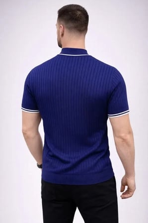 USLUCAN ALIŞVERİŞ Erkek Fitilli Triko Dokuma Kısa Kol Tişört Yarım Boğaz Modern Yazlık T-Shirt - Lacivert