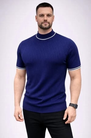 USLUCAN ALIŞVERİŞ Erkek Fitilli Triko Dokuma Kısa Kol Tişört Yarım Boğaz Modern Yazlık T-Shirt - Lacivert
