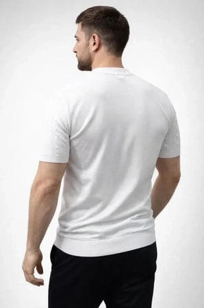 USLUCAN ALIŞVERİŞ Erkek Yazlık Triko Dokuma Tişört Kısa Kol Bisiklet Yaka Örgü Desenli T-Shirt - Beyaz