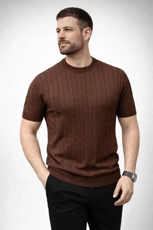 USLUCAN ALIŞVERİŞ Erkek Yazlık Triko Dokuma Tişört Kısa Kol Bisiklet Yaka Örgü Desenli T-Shirt - Kahverengi