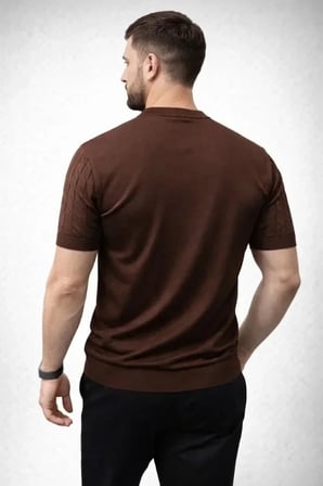 USLUCAN ALIŞVERİŞ Erkek Yazlık Triko Dokuma Tişört Kısa Kol Bisiklet Yaka Örgü Desenli T-Shirt - Kahverengi