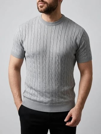 USLUCAN ALIŞVERİŞ Erkek Yazlık Triko Dokuma Tişört Kısa Kol Bisiklet Yaka Örgü Desenli T-Shirt - Gri