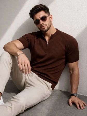 USLUCAN ALIŞVERİŞ Erkek Kısa Kol Fitilli Triko T-Shirt Yazlık Hakim Yaka Tişört - Kahverengi