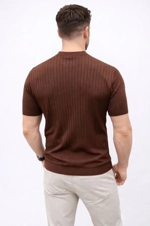 USLUCAN ALIŞVERİŞ Erkek Kısa Kol Fitilli Triko T-Shirt Yazlık Hakim Yaka Tişört - Kahverengi