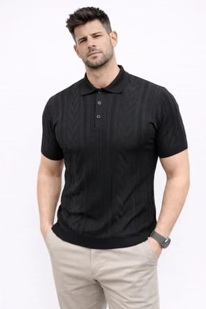 USLUCAN ALIŞVERİŞ Erkek Yazlık Triko Tişört Kısa Kol Polo Yaka Düğmeli T-Shirt - Siyah