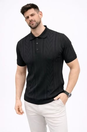 USLUCAN ALIŞVERİŞ Erkek Yazlık Triko Tişört Kısa Kol Polo Yaka Düğmeli T-Shirt - Siyah