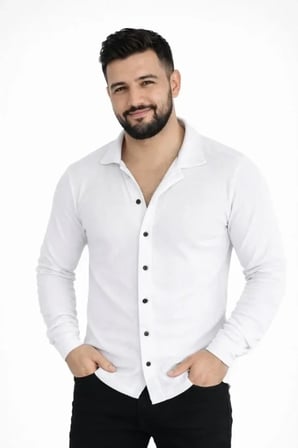 USLUCAN ALIŞVERİŞ Erkek Waffle Kumaş Uzun Kollu Düğmeli Açık Yaka Regular Fit Gömlek - Beyaz
