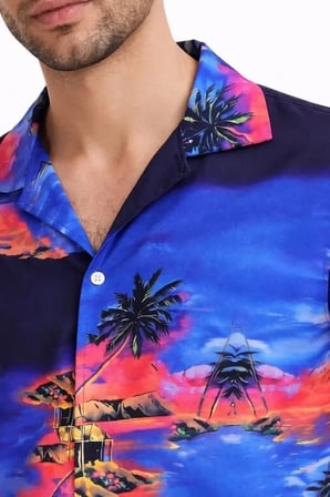 USLUCAN ALIŞVERİŞ Erkek Tropikal Ada Manzara Desenli Kısa Kol Gömlek Hawaii Tarz Yazlık Rahat Kalıp - Desenli