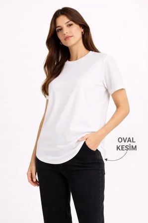 USLUCAN ALIŞVERİŞ Basic T-Shirt Kısa Kol Bisiklet Yaka Oval Kesim Tişört - Beyaz