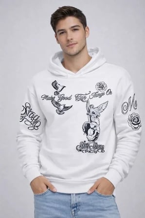 USLUCAN ALIŞVERİŞ Erkek 3 İplik Pamuklu Kapüşonlu Baskılı SweatShirt Hoodie - Beyaz