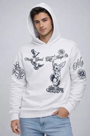 USLUCAN ALIŞVERİŞ Erkek 3 İplik Pamuklu Kapüşonlu Baskılı SweatShirt Hoodie - Beyaz