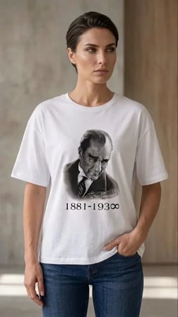 USLUCAN ALIŞVERİŞ Atatürk Baskılı Tişört Kısa Kollu Bisiklet Yaka T-Shirt - Beyaz