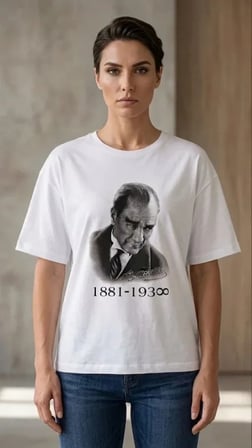 USLUCAN ALIŞVERİŞ Atatürk Baskılı Tişört Kısa Kollu Bisiklet Yaka T-Shirt - Beyaz