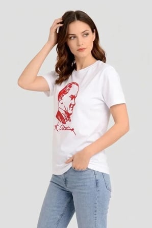 USLUCAN ALIŞVERİŞ Atatürk Baskılı Tişört Kısa Kollu Bisiklet Yaka T-Shirt - Beyaz