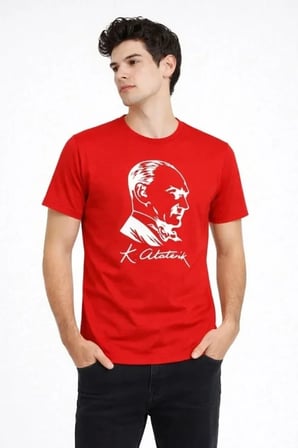 USLUCAN ALIŞVERİŞ Erkek Atatürk Baskılı Tişört Kısa Kollu Bisiklet Yaka T-Shirt - Kırmızı