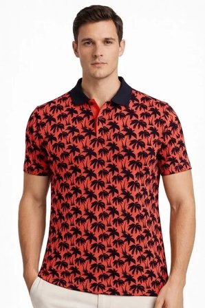USLUCAN ALIŞVERİŞ Erkek Pike Kumaş Polo Yaka Palmiye Desenli Tişört Kısa Kol Yazlık T-Shirt - Kırmızı