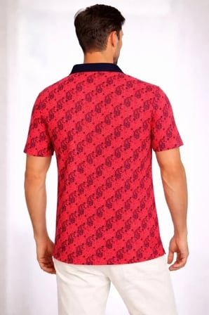 USLUCAN ALIŞVERİŞ Erkek Pike Kumaş Polo Yaka Palmiye Desenli Tişört Kısa Kol Yazlık T-Shirt - Kırmızı