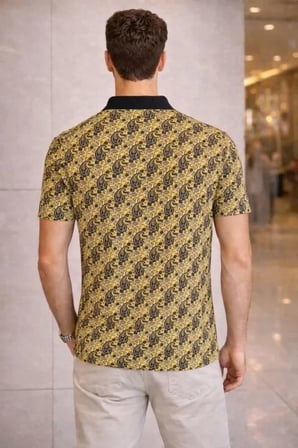USLUCAN ALIŞVERİŞ Erkek Pike Kumaş Polo Yaka Palmiye Desenli Tişört Kısa Kol Yazlık T-Shirt - Sarı