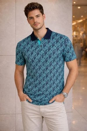 USLUCAN ALIŞVERİŞ Erkek Pike Kumaş Polo Yaka Palmiye Desenli Tişört Kısa Kol Yazlık T-Shirt - Turkuaz