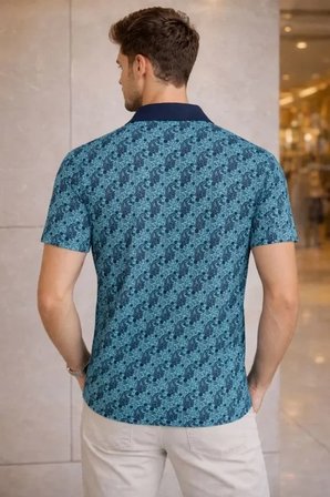 USLUCAN ALIŞVERİŞ Erkek Pike Kumaş Polo Yaka Palmiye Desenli Tişört Kısa Kol Yazlık T-Shirt - Turkuaz