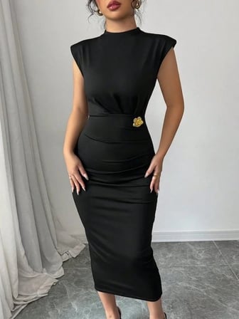 Kadın Yarı Balıkçı Yaka Kısa Kollu çicek Aksesuar Detaylı Midi Dalgıç Elbise