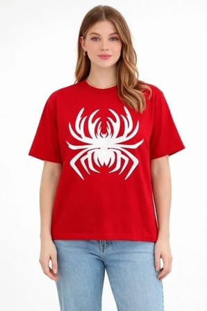 USLUCAN ALIŞVERİŞ Örümcek Baskılı Tişört Kısa Kollu Bisiklet Yaka T-Shirt - Kırmızı
