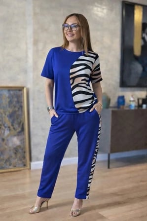 Kadın Kısa Kollu Bisiklet Yaka Zebra Desen Bluz Ve Pantolon Ikili Takım