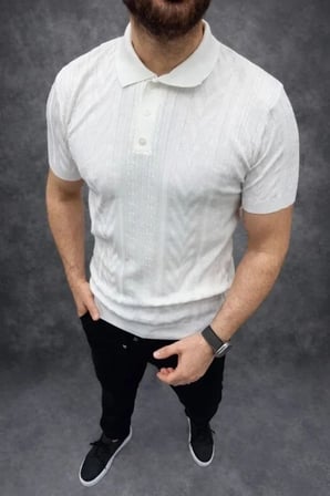 USLUCAN ALIŞVERİŞ Erkek Yazlık Triko Tişört Kısa Kol Polo Yaka Düğmeli T-Shirt - Beyaz