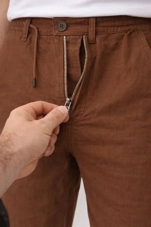 Erkek Keten Cepli Pantolon Lastikli Bel Bağcıklı Önden Fermuarlı - Kahverengi