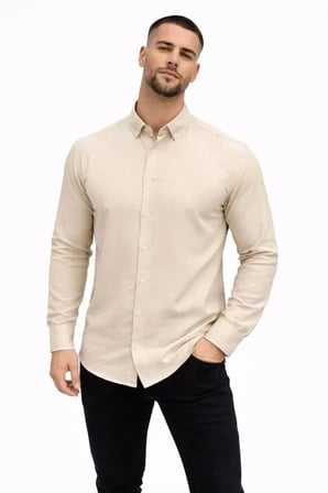 USLUCAN ALIŞVERİŞ Erkek KETEN Kumaş Oversize Uzun Kollu Rahat Kalıp Gömlek - Bej
