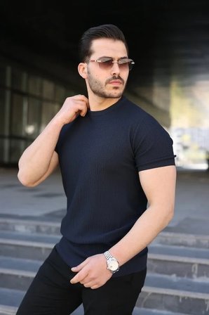 Erkek Bisiklet Yaka Petek Dokulu Kısa Kollu Triko Tişört