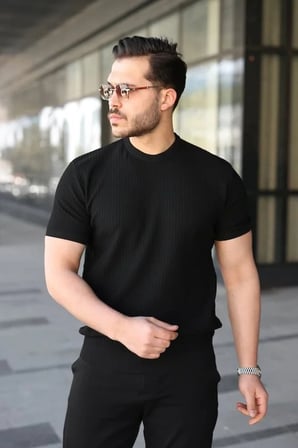 Erkek Bisiklet Yaka Petek Dokulu Kısa Kollu Triko Tişört