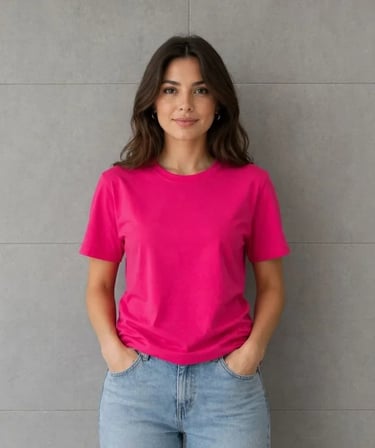 USLUCAN ALIŞVERİŞ Basic Pamuklu Tişört Bisiklet Yaka Düz Renk Relaxed Fit T-Shirt - Fuşya