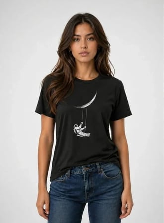 USLUCAN ALIŞVERİŞ Astronot Ay Temalı Tişört Kısa Kol Yazlık Bisiklet Yaka T-Shirt - Siyah