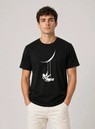 Erkek Astronot Ay Temalı Tişört Kısa Kol Yazlık Bisiklet Yaka T-Shirt - Siyah