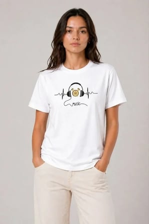 USLUCAN ALIŞVERİŞ Müzik Temalı Baskılı Tişört Bisiklet Yaka Kısa Kol T-Shirt - Beyaz