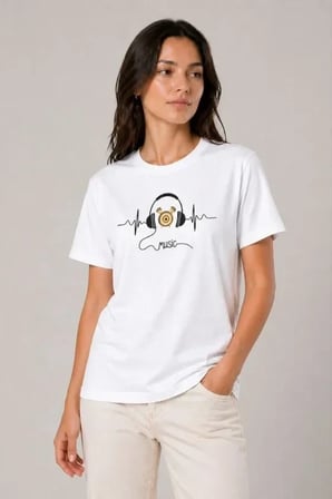 USLUCAN ALIŞVERİŞ Müzik Temalı Baskılı Tişört Bisiklet Yaka Kısa Kol T-Shirt - Beyaz