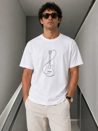 USLUCAN ALIŞVERİŞ Erkek Minimal Gitar Baskılı Tişört T-Shirt Yazlık Kısa Kol Bisiklet Yaka T-Shirt - Beyaz