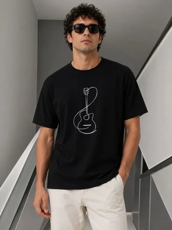 USLUCAN ALIŞVERİŞ Erkek Minimal Gitar Baskılı Tişört T-Shirt Yazlık Kısa Kol Bisiklet Yaka T-Shirt - Siyah