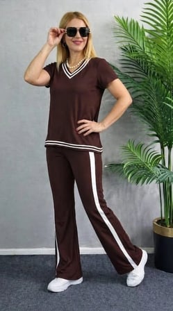 Kadın Kısa Kollu V Yakalı Viskon Iki Iplik Bluz Ve Pantolon Ikili Takım